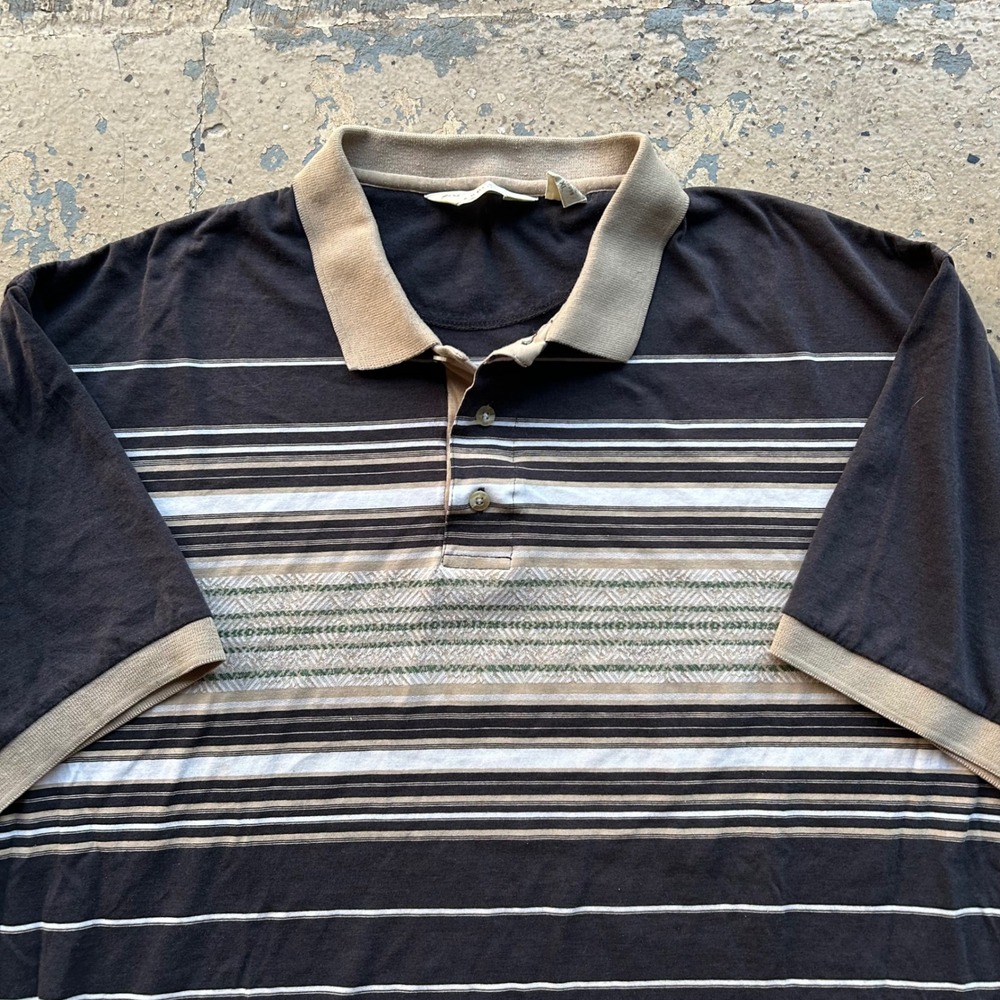 90s Arrow Tournament Mens XL Golf Polo Shirt Striped Short Sleeve Black Tan